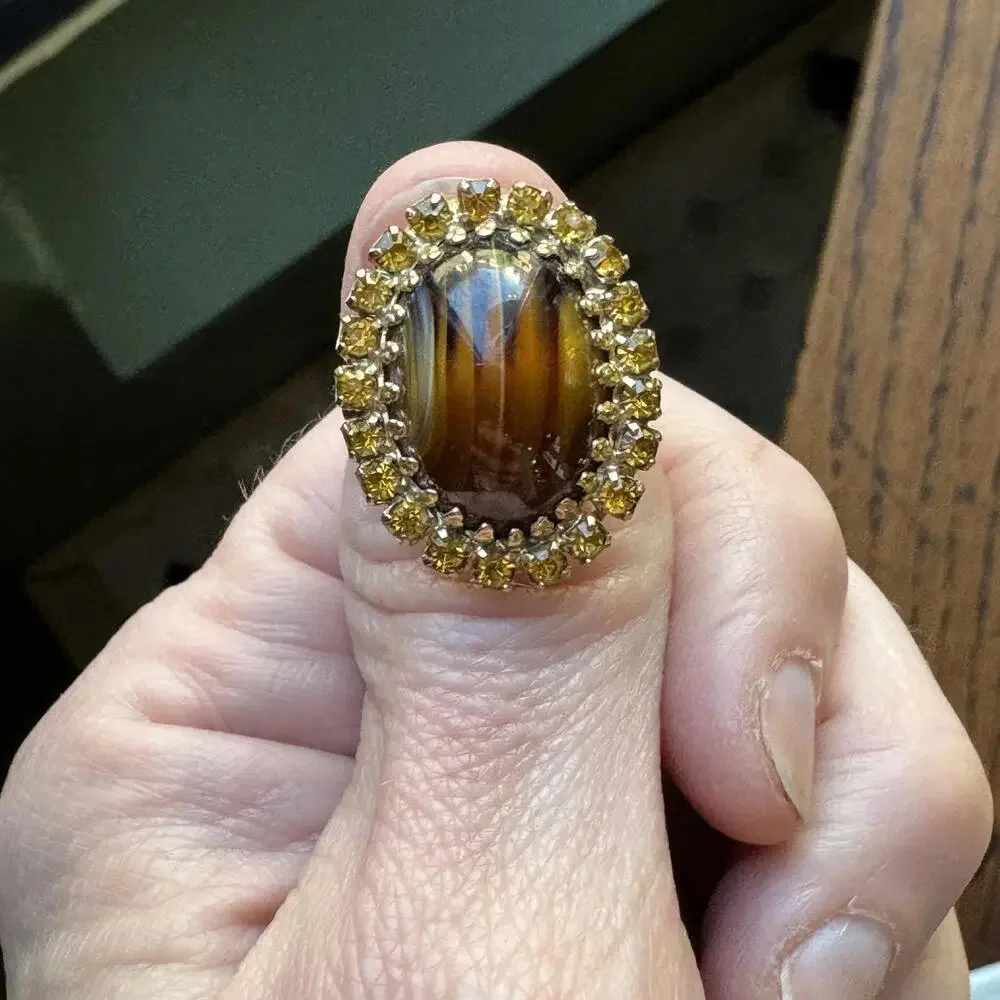 Vintage Adjustable‎ Tigers Eye Ring Jewelry Statement Single Cocktail